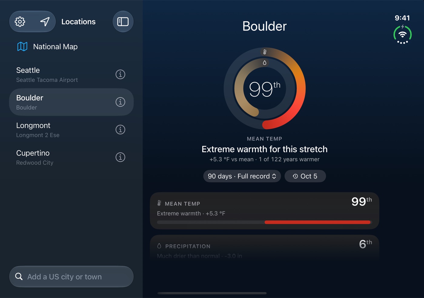 Bell Weather unfolded on iPhone Duo, with locations in a sidebar